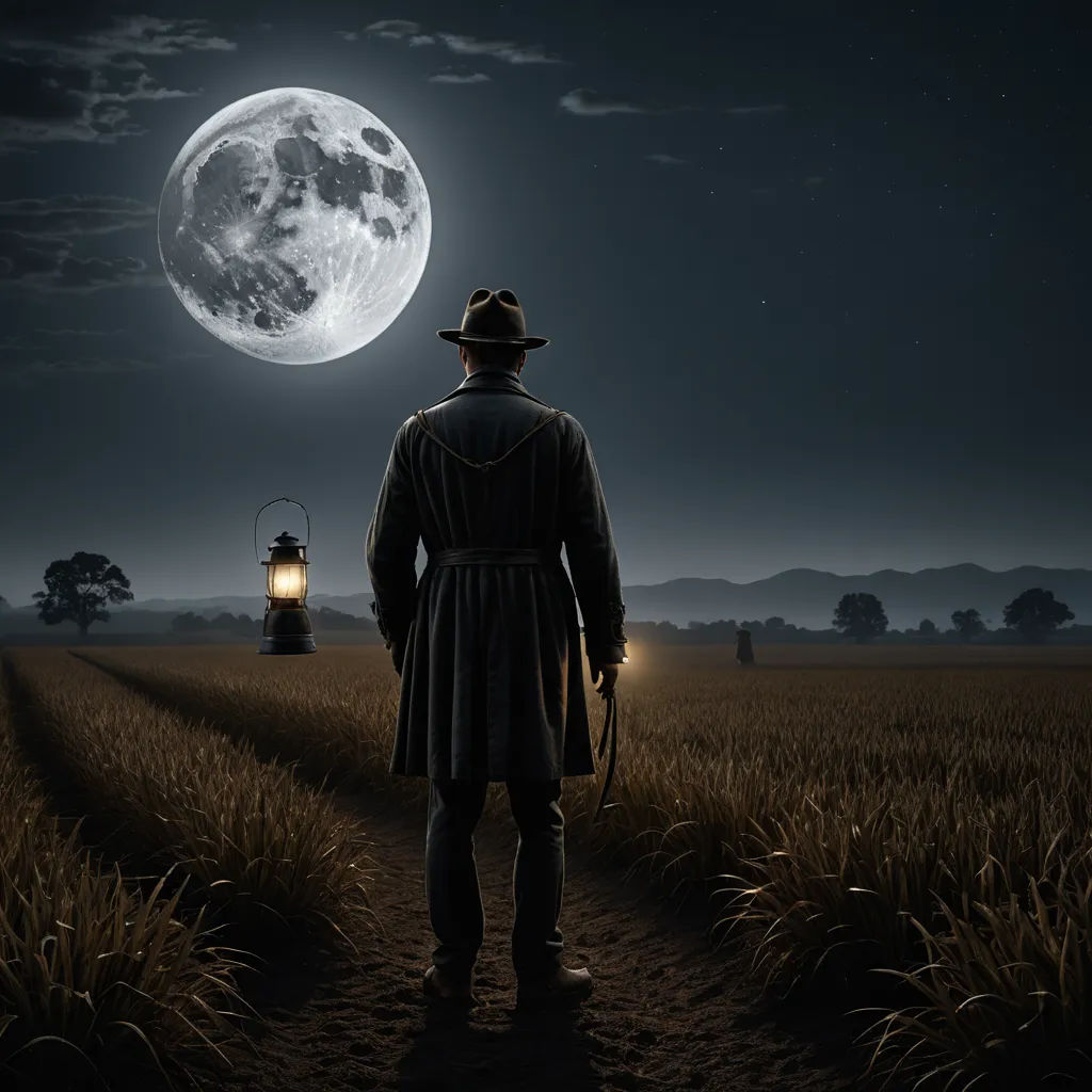 a man in a hat and coat standing in a field with a lantern in the background and a full moon in the sky, neo-romanticism, a detailed matte painting, Dirk Crabeth, full moon