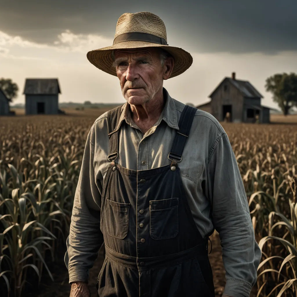 a man in a hat standing in a field of corn with a house in the background and a storm in the sky, american realism, a character portrait, Daniel Lieske, cinematic photography