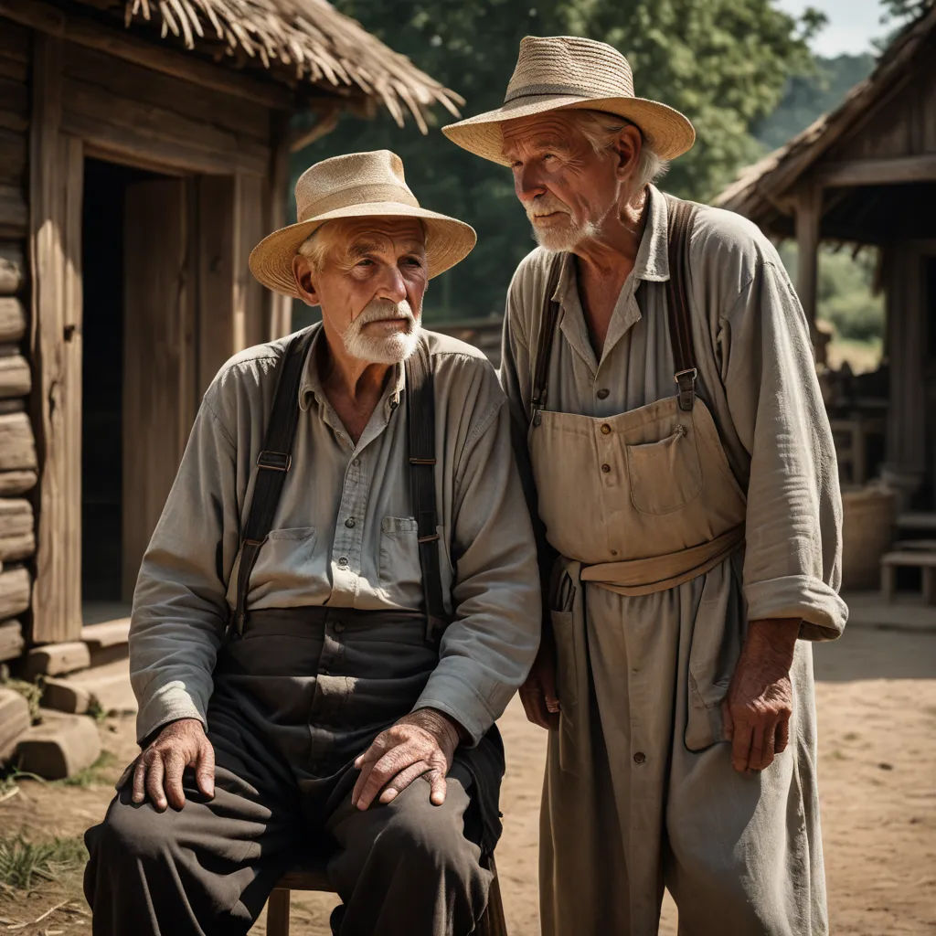 two old men are sitting on a bench outside of a hut with straw roof and straw walls and a straw roof, primitivism, a character portrait, Derold Page, promotional image