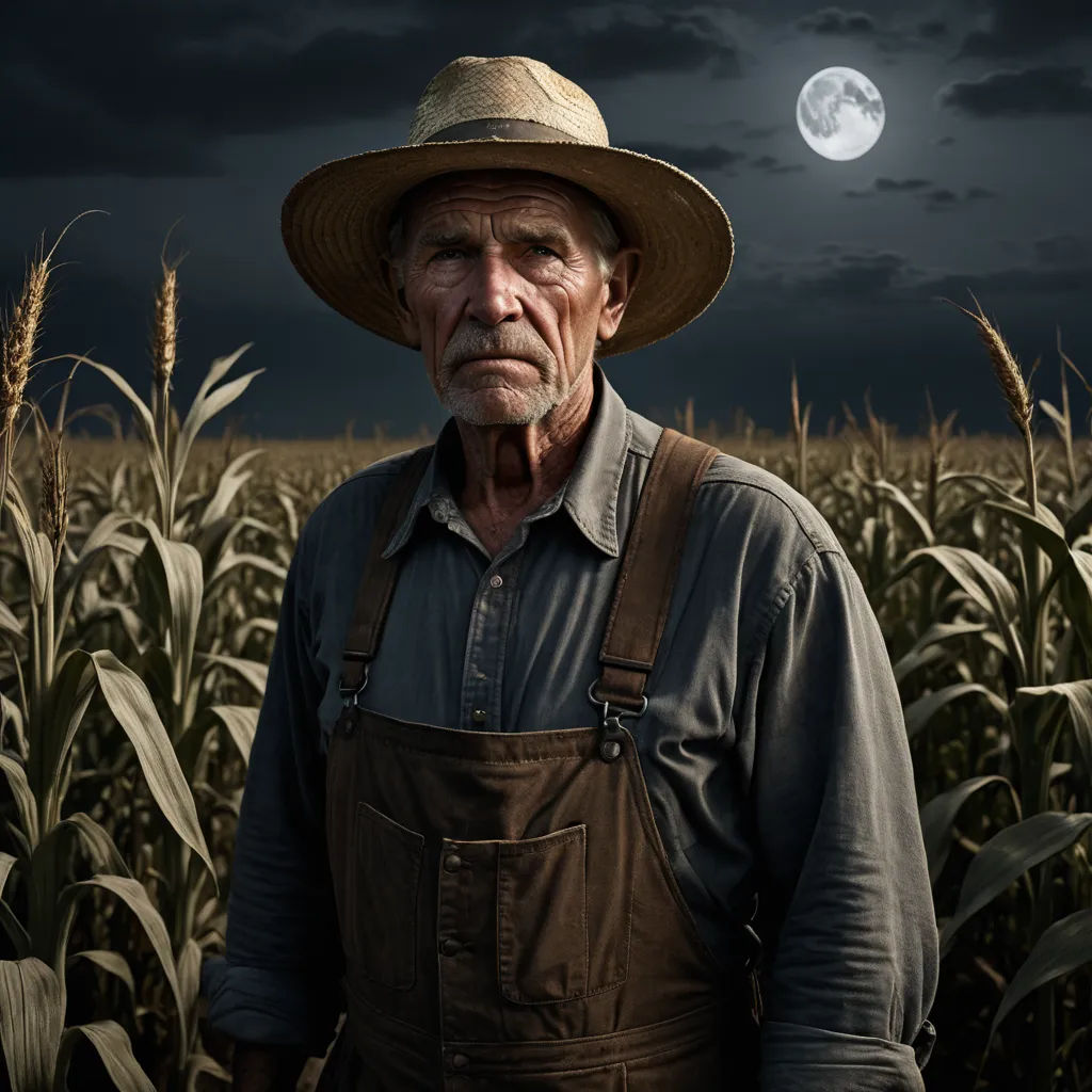 a man standing in a field of corn under a full moon with a full moon in the background and a dark sky, art photography, a character portrait, Balcomb Greene, cinematic photography
