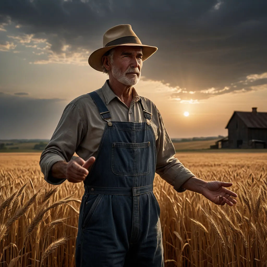 a man in overalls standing in a field of wheat with a house in the background and a cloudy sky, art photography, a character portrait, Albert Nemethy, cinematic photography