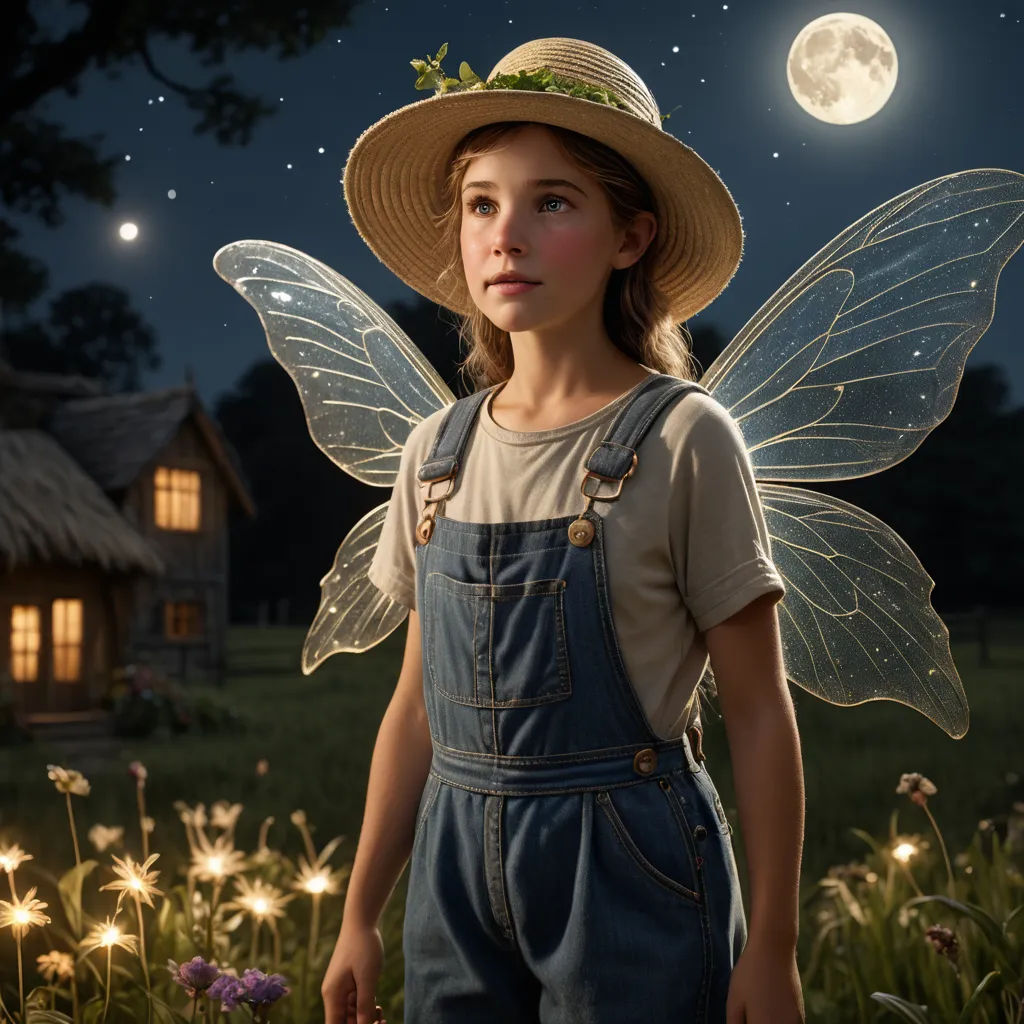 a young girl dressed in overalls and a fairy costume standing in a field with a full moon behind her, magical realism, a storybook illustration, Brad Kunkle, ultra realistic digital art
