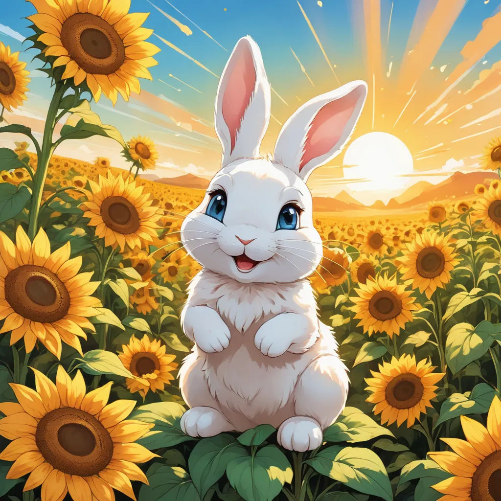 a white rabbit sitting in a field of sunflowers with a sky background and sun shining behind it, furry art, a storybook illustration, Alice Prin, rossdraws global illumination
