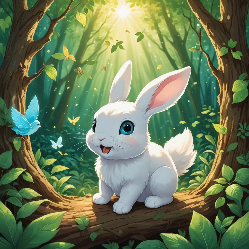 a white rabbit sitting on a log in a forest with butterflies flying around it and a sunbeam in the background, altermodern, a storybook illustration, Chris Rallis, rossdraws global illumination