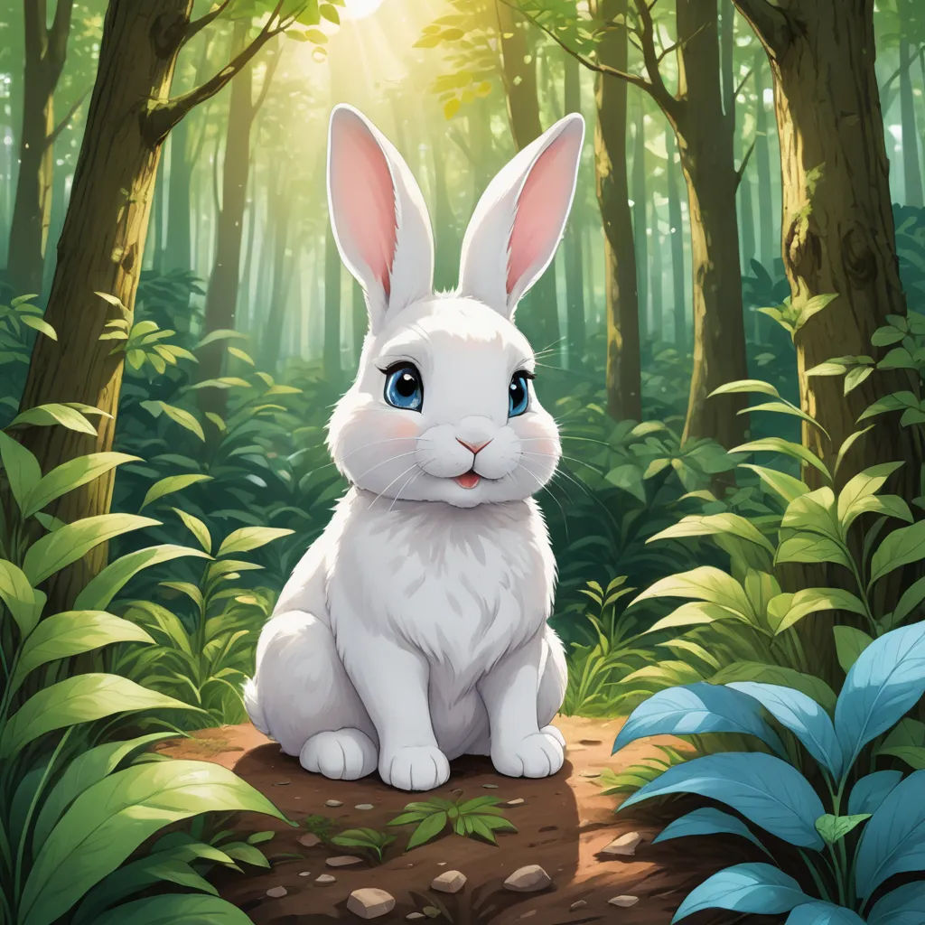 a white rabbit sitting in the middle of a forest with blue eyes and a bright light shining through the trees, furry art, a character portrait, Alice Prin, rossdraws global illumination