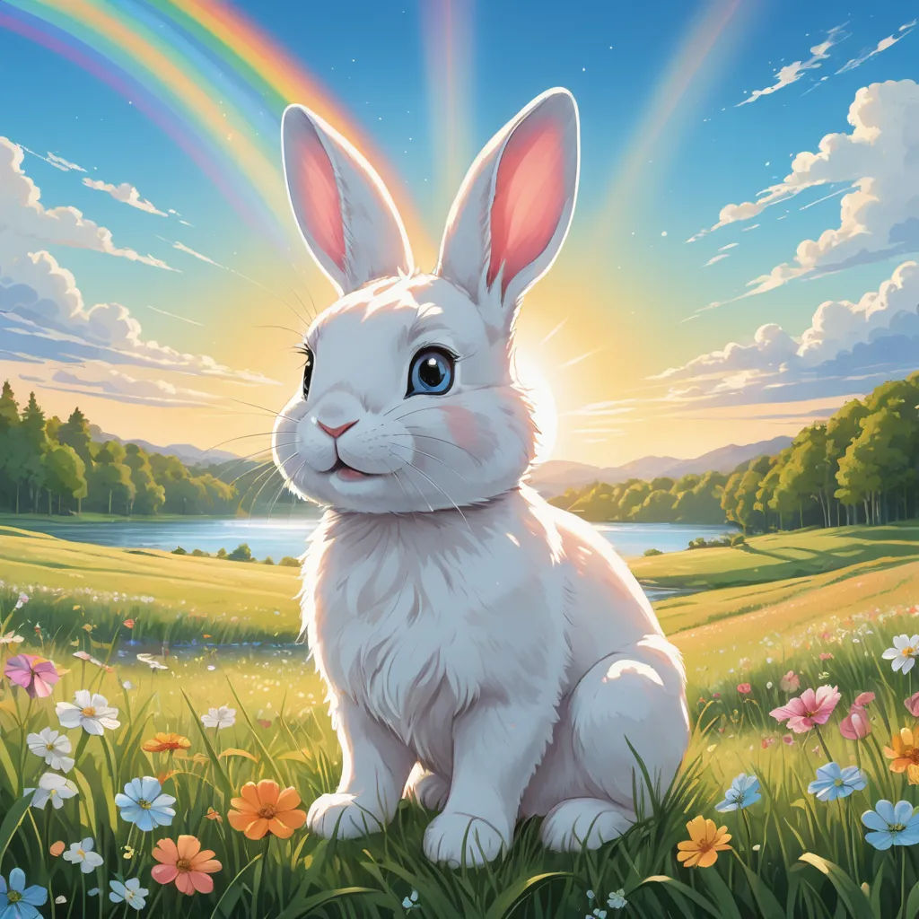 a white rabbit sitting in a field of flowers with a rainbow in the background and a rainbow in the sky, furry art, a storybook illustration, Chris LaBrooy, rossdraws global illumination