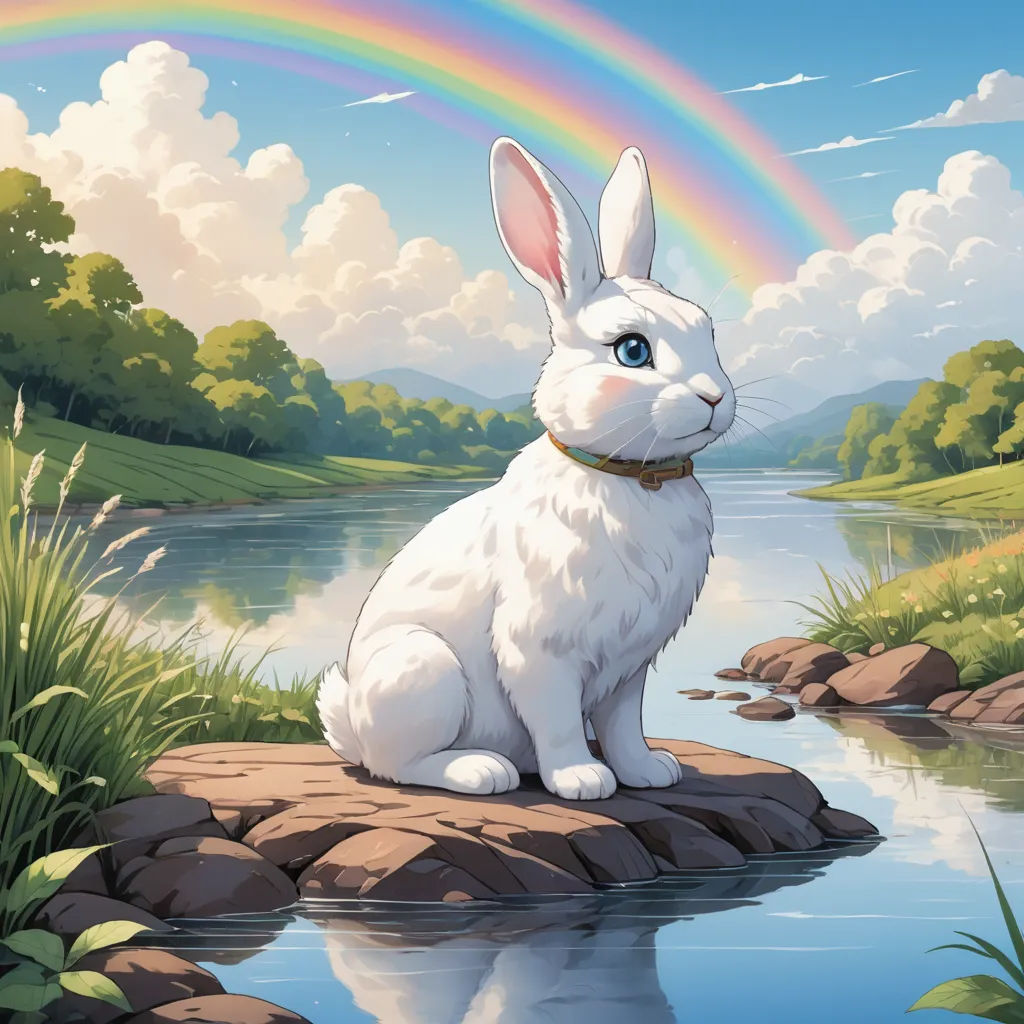 a white rabbit sitting on a rock in front of a river and a rainbow in the sky above it, furry art, a storybook illustration, Chris LaBrooy, rossdraws global illumination