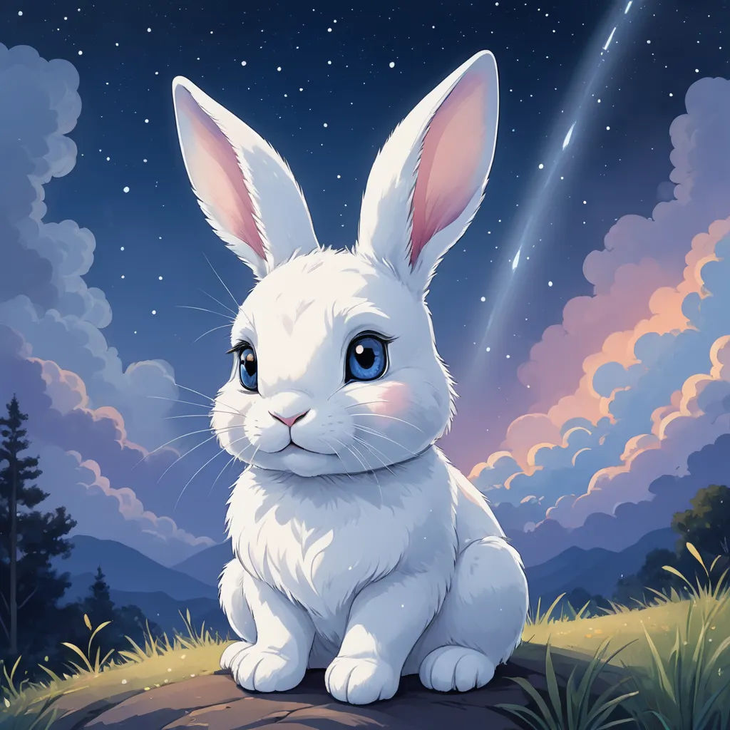 a white rabbit sitting on a rock under a night sky with stars and clouds behind it, with a bright blue eye, space art, an airbrush painting, ESAO, rossdraws global illumination
