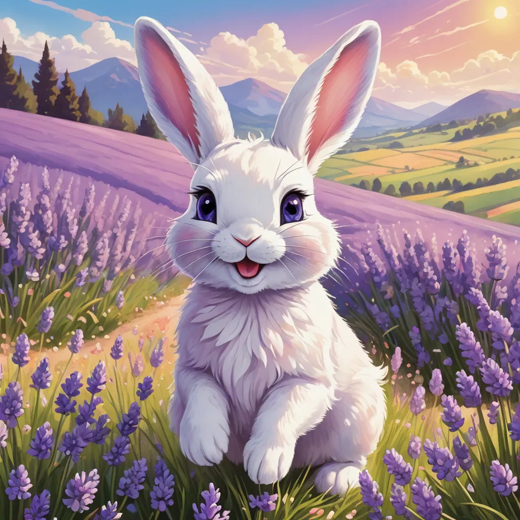 a painting of a white rabbit sitting in a field of lavender flowers with a sunset in the background and a mountain range in the distance, furry art, a character portrait, Chris LaBrooy, purple