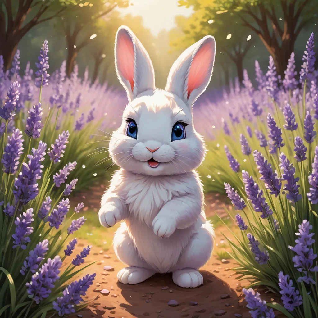 a white rabbit sitting in a field of purple flowers with trees in the background and a bright sun shining through the sky, furry art, a digital painting, Chris Rallis, rossdraws global illumination