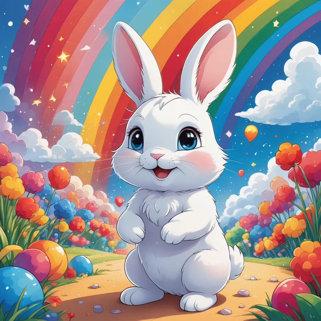 a white rabbit sitting in the middle of a field with a rainbow in the background and a rainbow in the sky, furry art, a character portrait, Chris LaBrooy, rossdraws global illumination