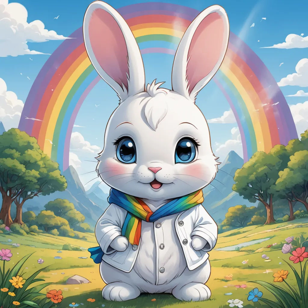 a cartoon bunny with a scarf around his neck standing in a field with a rainbow in the background and a rainbow in the sky, furry art, a character portrait, Anne Stokes, official art