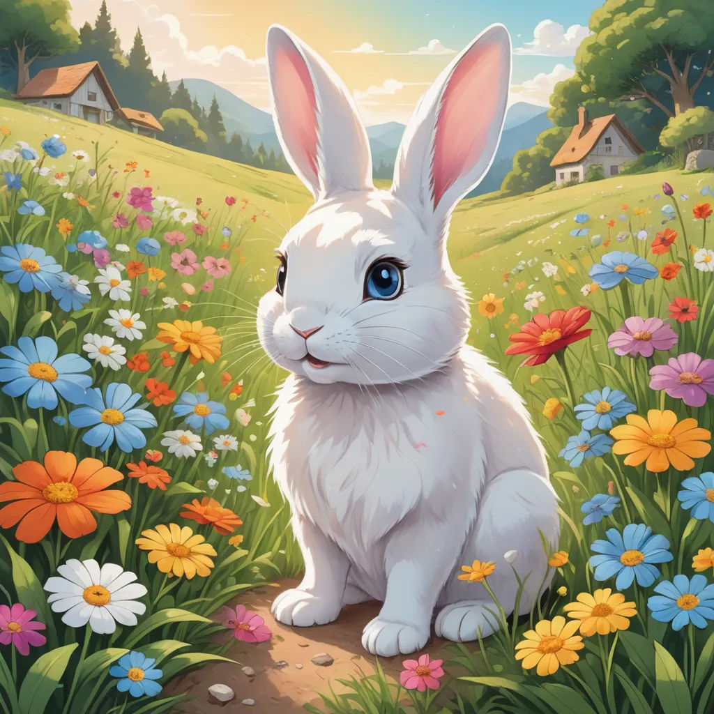 a white rabbit sitting in a field of flowers with a house in the background and a blue sky in the background, furry art, a detailed painting, Chris LaBrooy, rossdraws global illumination