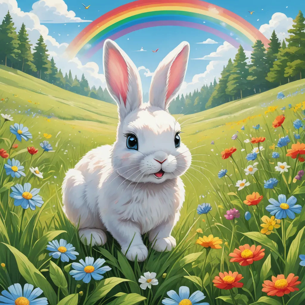 a painting of a white rabbit sitting in a field of flowers and daisies with a rainbow in the background, pop surrealism, a storybook illustration, Chris LaBrooy, rossdraws global illumination