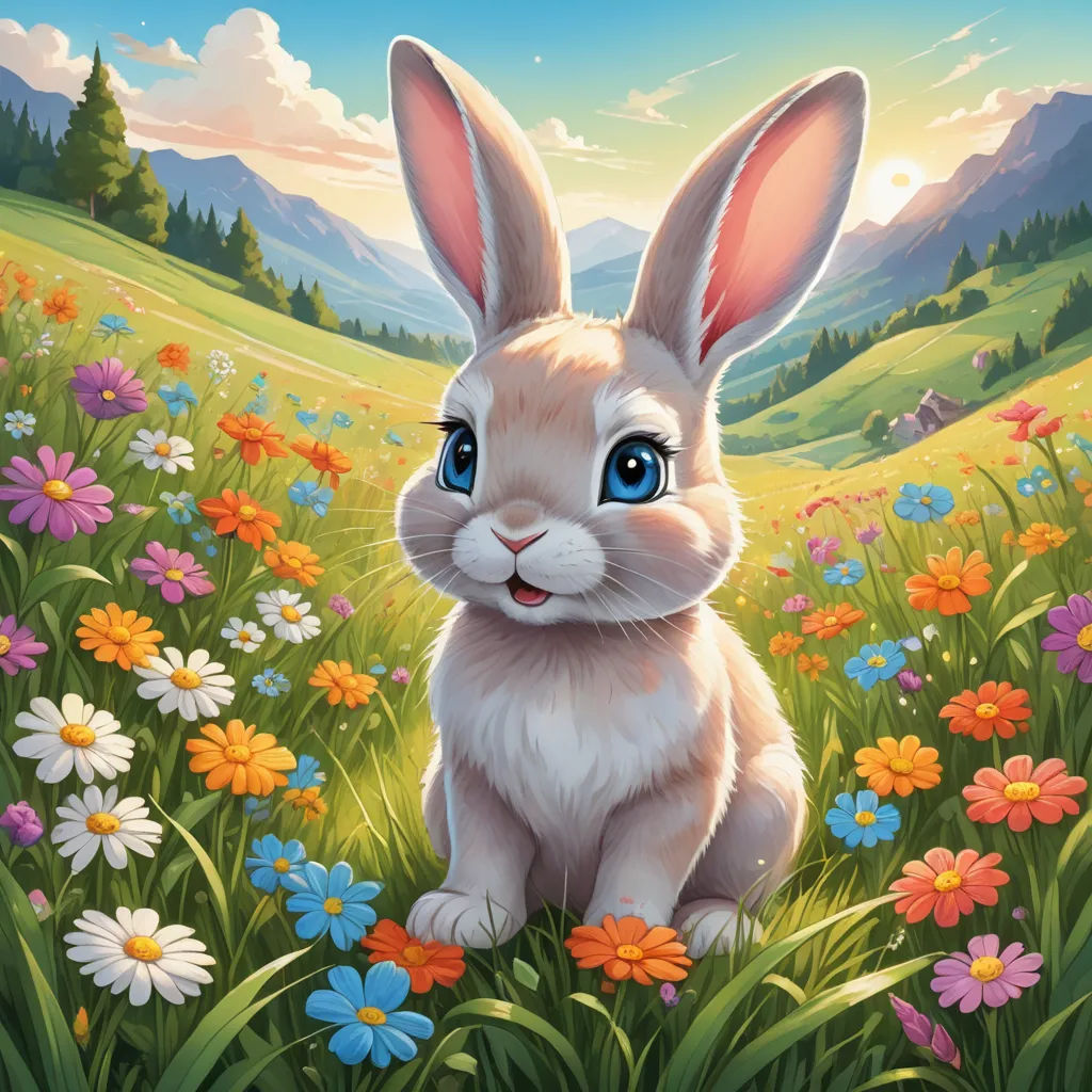 a painting of a rabbit sitting in a field of flowers with a mountain in the background and a sky with clouds, furry art, an airbrush painting, Chris LaBrooy, rossdraws global illumination