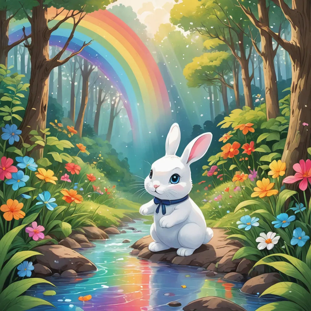 a white rabbit sitting on a rock in a forest with a rainbow in the background and a stream running through it, fantasy art, a storybook illustration, Anne Stokes, rossdraws global illumination