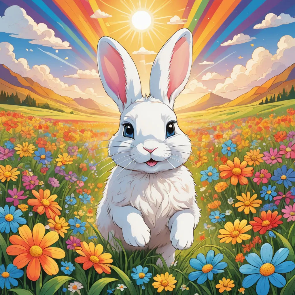 a white rabbit sitting in a field of flowers with the sun in the background and a rainbow in the sky, furry art, poster art, Chiho Aoshima, rossdraws global illumination