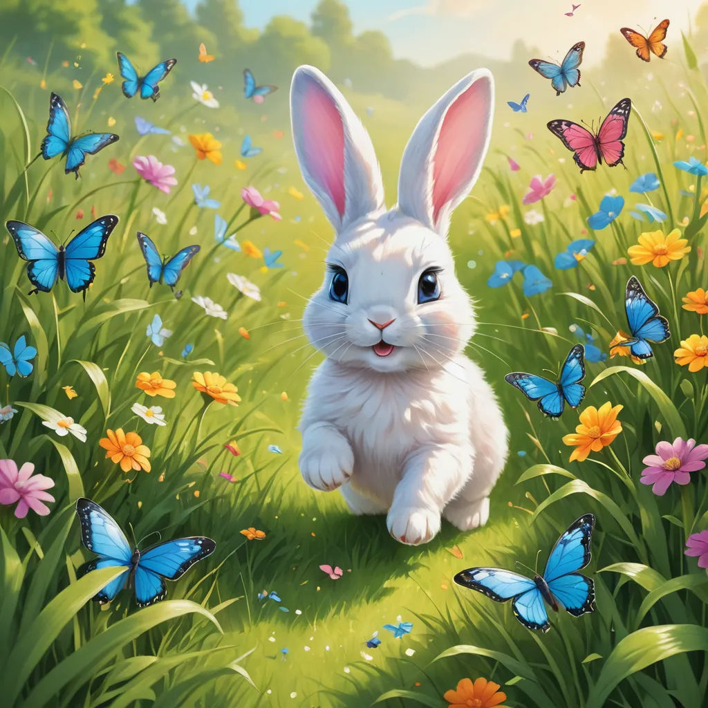 a painting of a bunny sitting in a field of flowers and butterflies with a butterfly in the background and a blue sky, furry art, a storybook illustration, Drew Struzan, official art