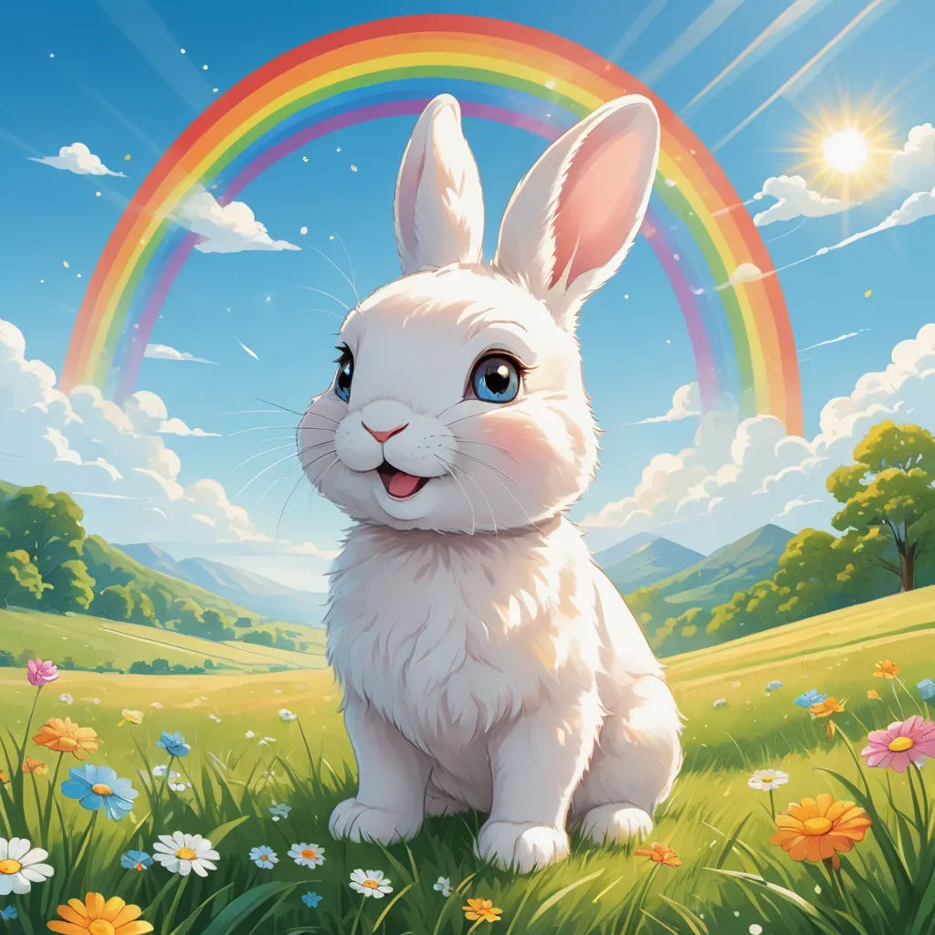 a white rabbit sitting in a field with a rainbow in the background and a blue sky with clouds and sun, furry art, a storybook illustration, Chris LaBrooy, official art