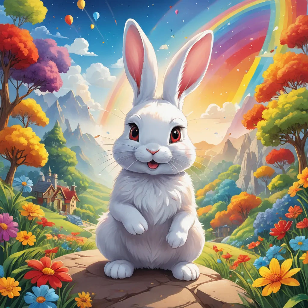 a white rabbit sitting on a rock in a forest with a rainbow in the background and a house in the distance, furry art, an airbrush painting, Chris LaBrooy, rossdraws global illumination
