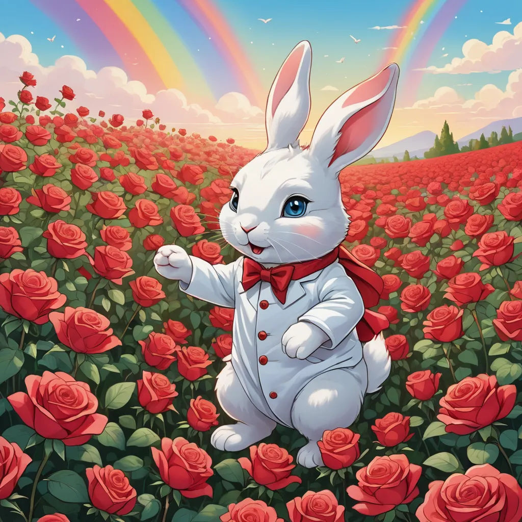 a painting of a rabbit in a field of roses with a rainbow in the background and a rainbow in the sky, pop surrealism, a storybook illustration, Anne Stokes, rossdraws global illumination