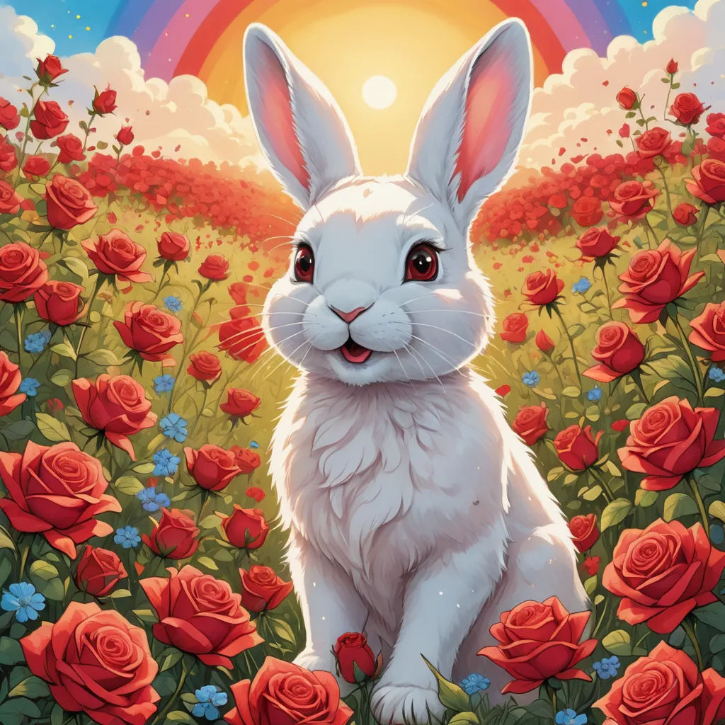 a painting of a rabbit sitting in a field of flowers with a rainbow in the background and a rainbow in the sky, furry art, a digital painting, Chris LaBrooy, rossdraws global illumination