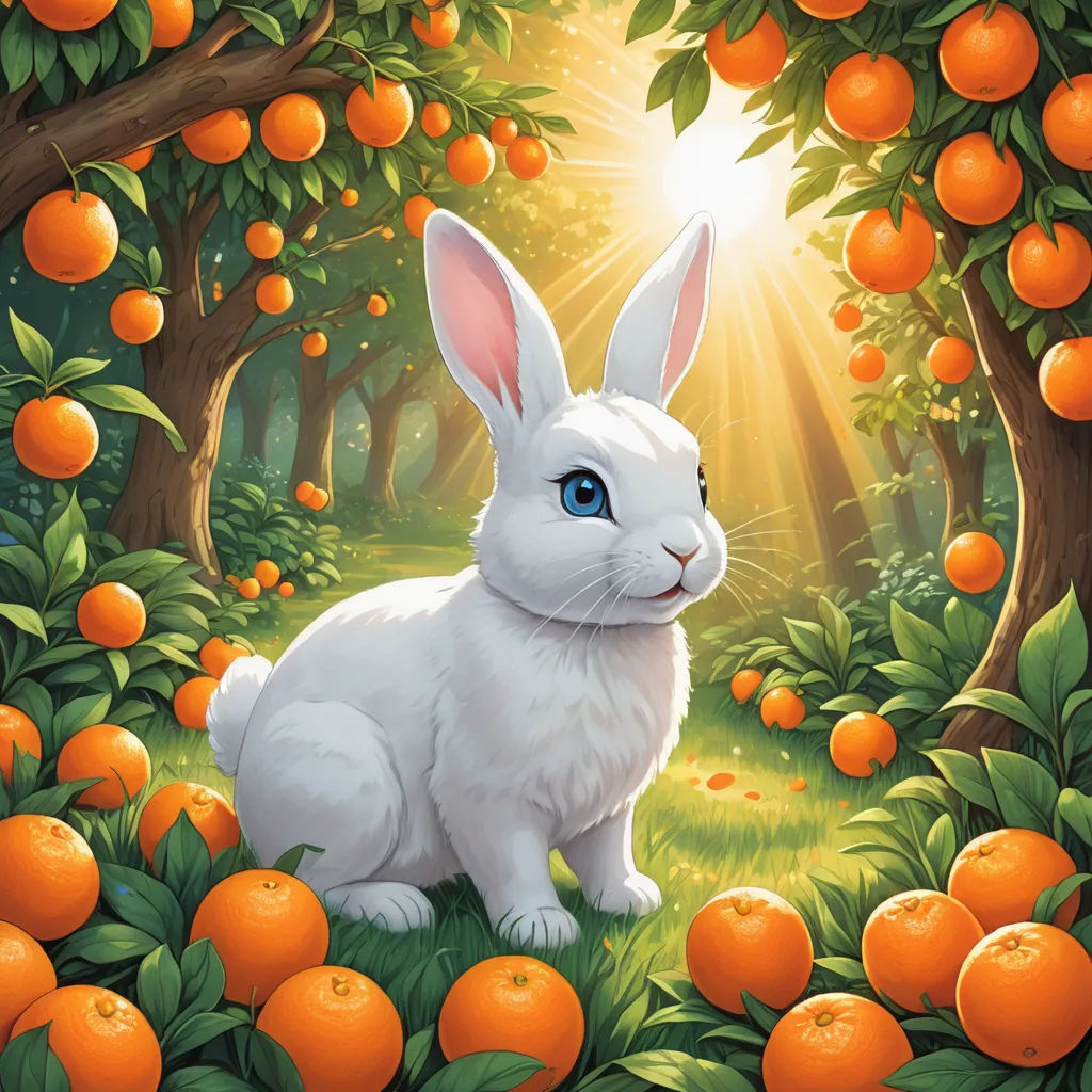 a white rabbit sitting in a field of oranges with the sun shining through the trees behind it and a forest of oranges, pop surrealism, poster art, Chris LaBrooy, orange