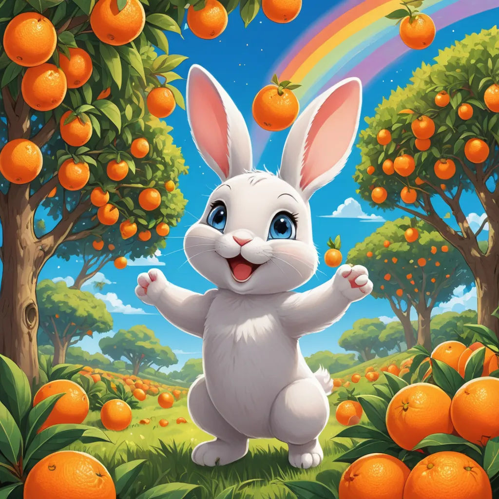a white rabbit standing in a field of oranges with a rainbow in the background and a rainbow in the sky, furry art, a storybook illustration, Andrew Robertson, orange