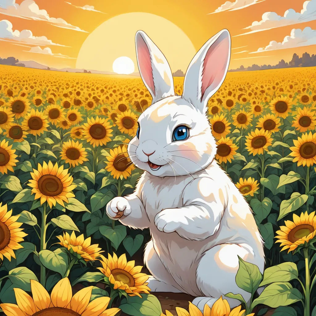 a white rabbit sitting in a field of sunflowers with a sky background and sun setting behind it, furry art, a storybook illustration, Aaron Jasinski, rossdraws global illumination