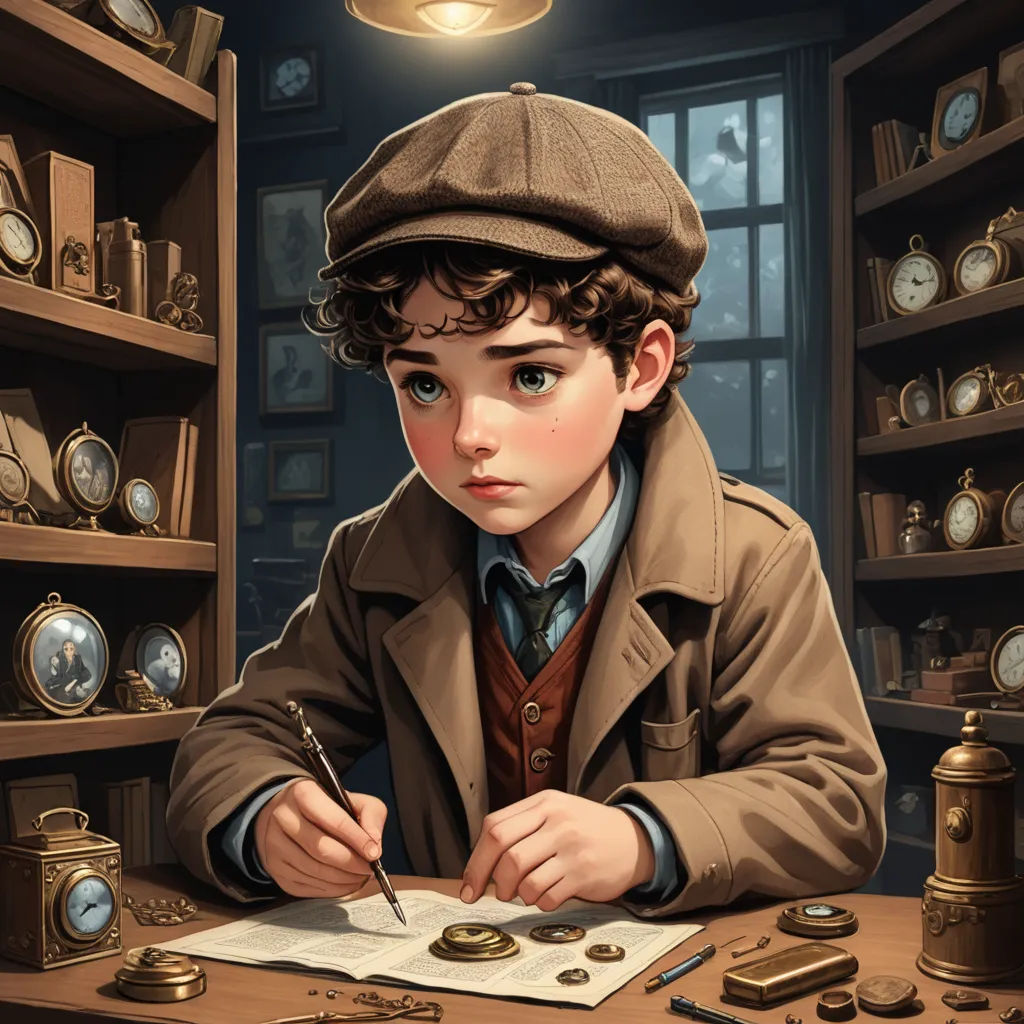 a boy in a hat is writing at a desk with clocks on the shelves behind him and a lamp above him, fantasy art, a storybook illustration, Aaron Jasinski, highly detailed digital painting