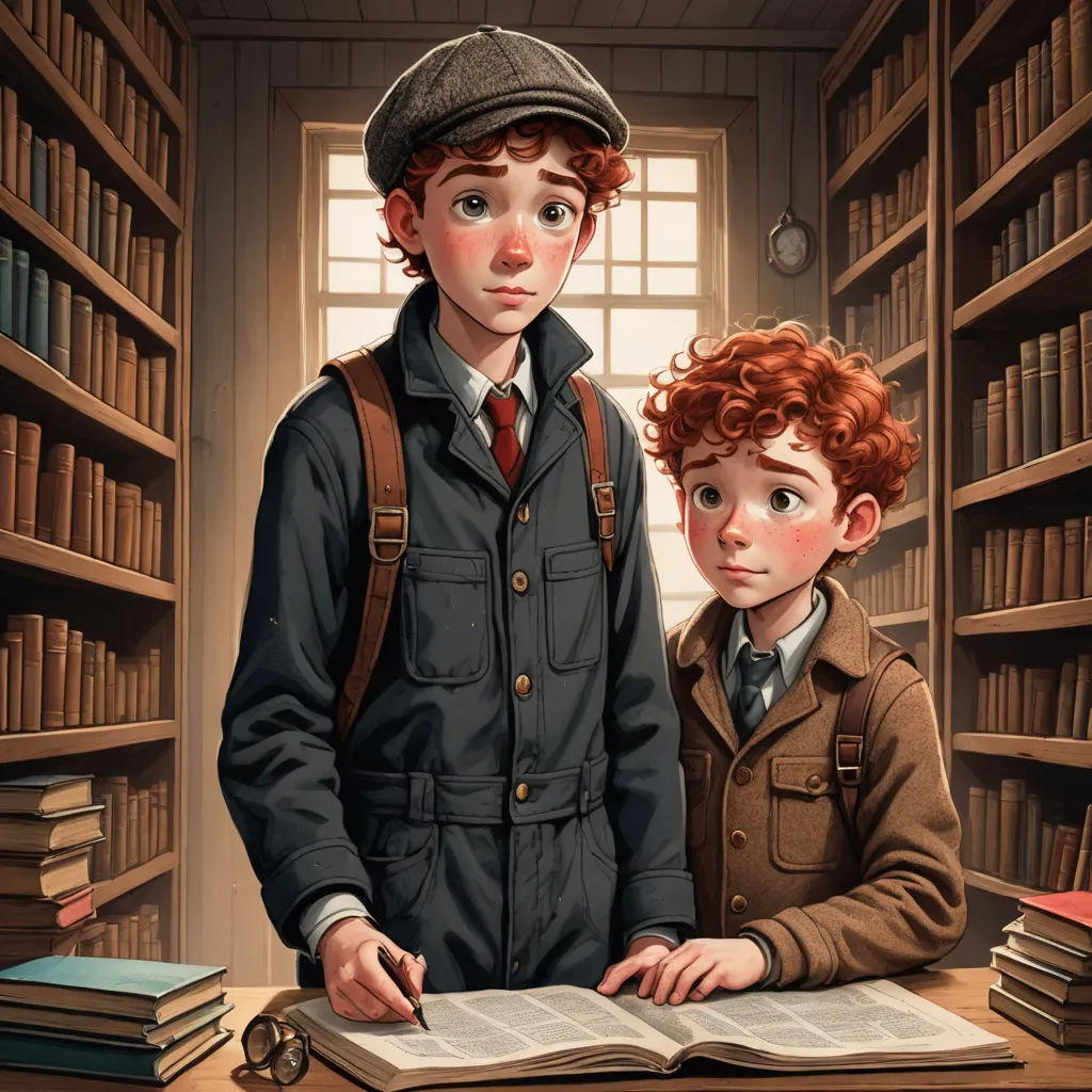 a boy and a boy are standing in a library with books on the shelves and a boy is reading a book, sots art, a storybook illustration, Brothers Hildebrandt, storybook illustration