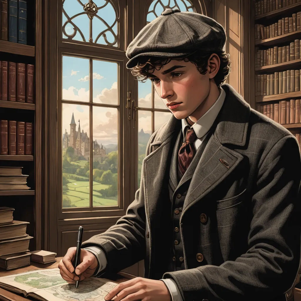 a painting of a man in a library writing a book with a pen and paper in his hand and a bookcase behind him, fantastic realism, a storybook illustration, Colin Middleton, official art