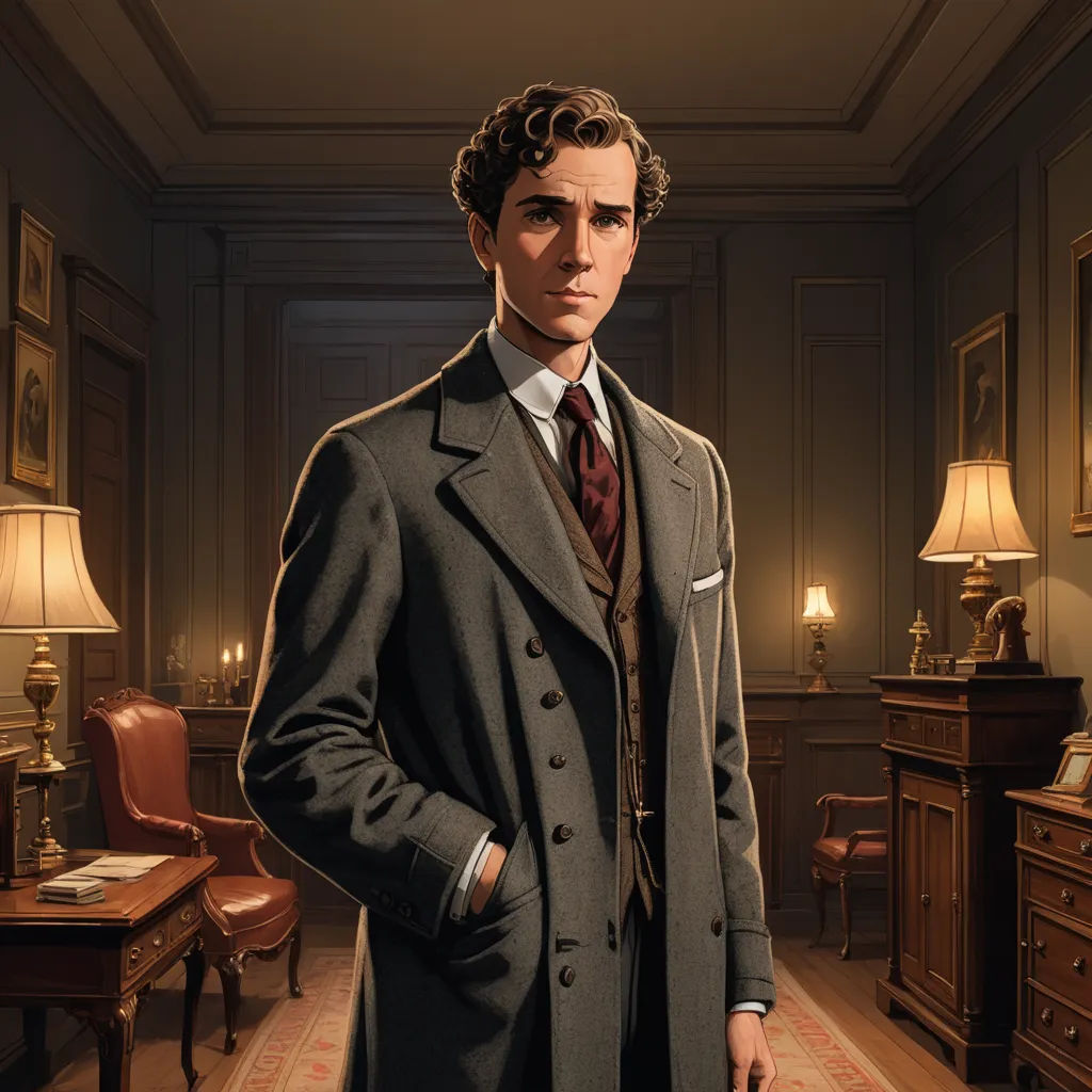 a man in a suit and tie standing in a room with a desk and chair and a lamp on the wall, american scene painting, a character portrait, Edwin Georgi, j. c. leyendecker 8 k