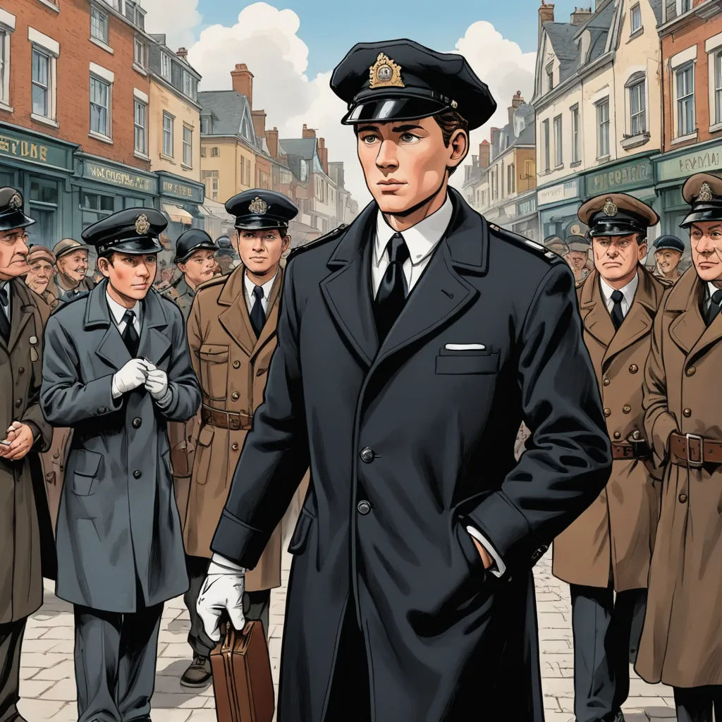 a man in a suit and tie standing in front of a group of men in uniform in a city, fantastic realism, a comic book panel, Colin Middleton, graphic novel