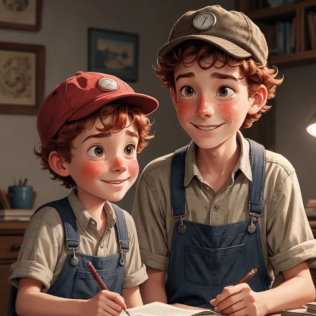 a boy and a boy in overalls are smiling and writing in a book together in a room with a lamp on, photorealism, a storybook illustration, Brothers Hildebrandt, cgstudio