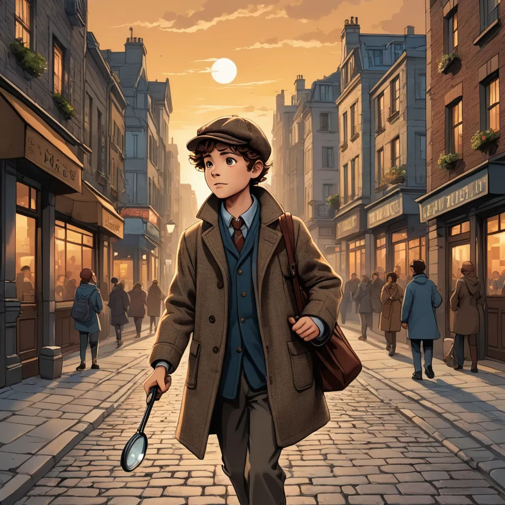 a man walking down a street holding a magnifying glass in his hand and a hat on his head, fantastic realism, a detailed matte painting, Cliff Childs, official art
