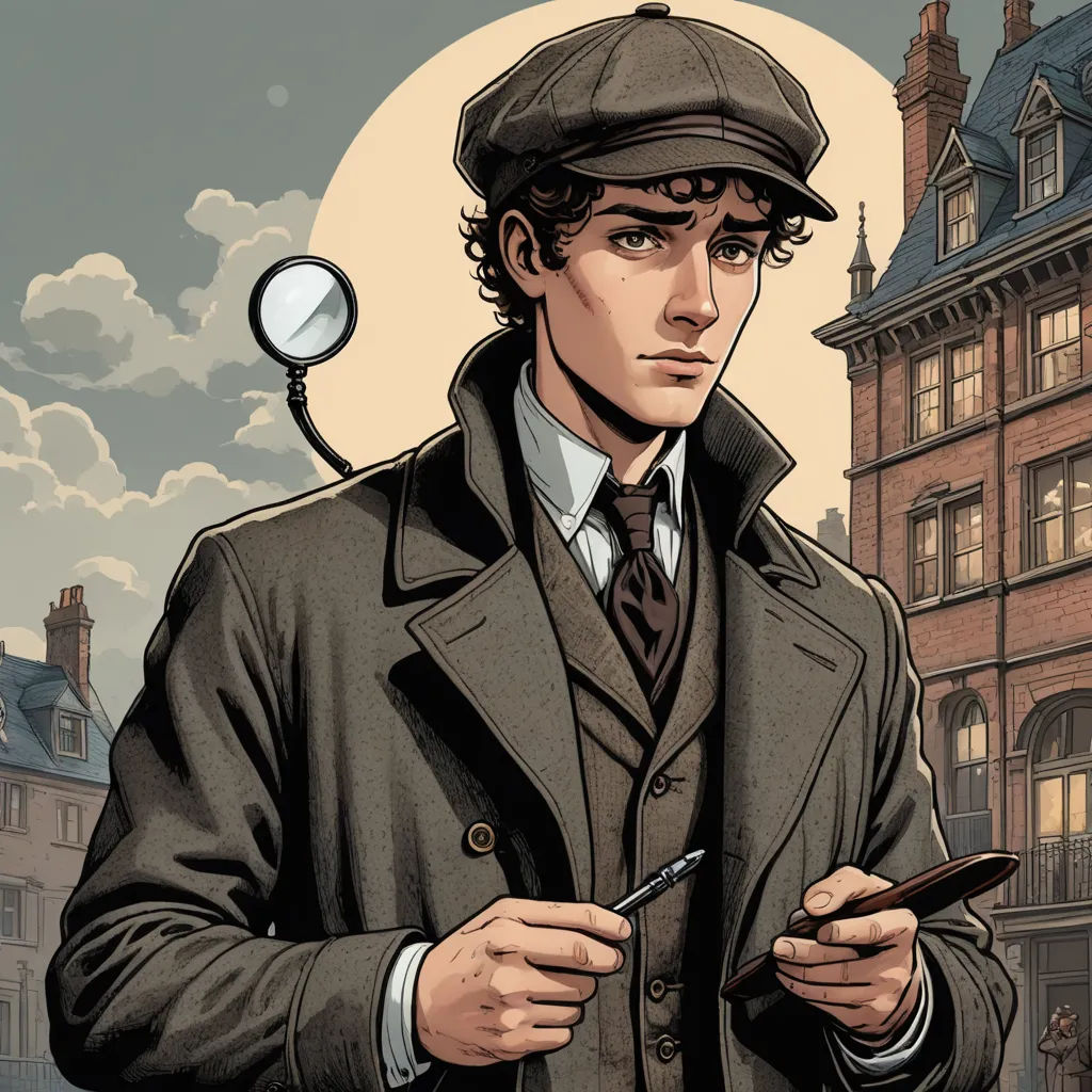 a man in a coat and hat holding a pen and a magnifying glass in his hand and a building in the background, new objectivity, a character portrait, Cedric Seaut (Keos Masons), official art