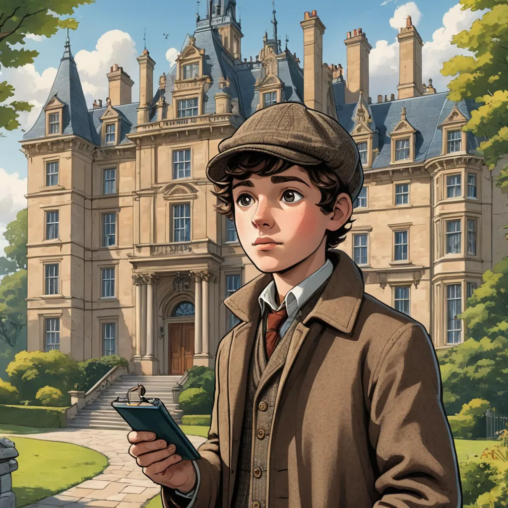 a boy in a hat is holding a tablet in front of a castle with a clock tower and a tree, paris school, a comic book panel, Cedric Seaut (Keos Masons), kinkade