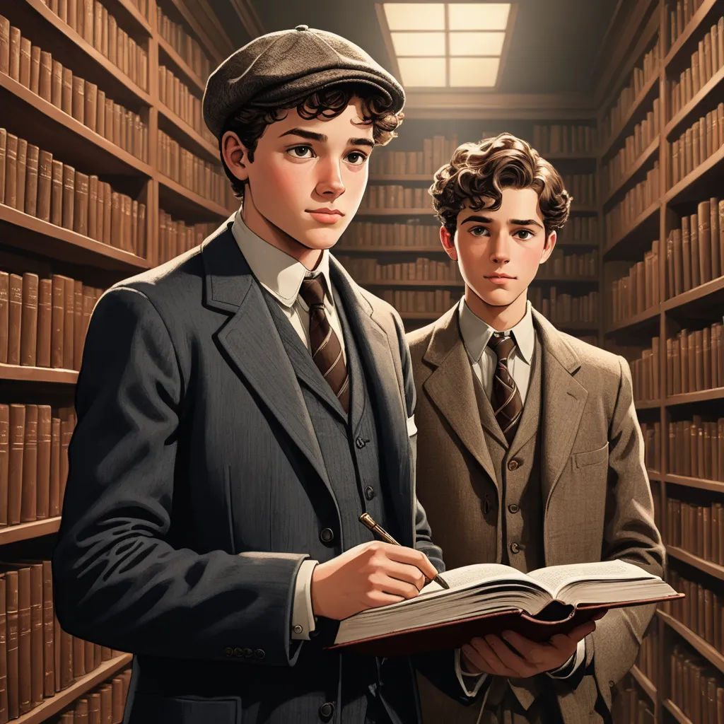 a painting of two men in a library with books on shelves behind them and a pen in his hand, sots art, a comic book panel, Brothers Hildebrandt, official art