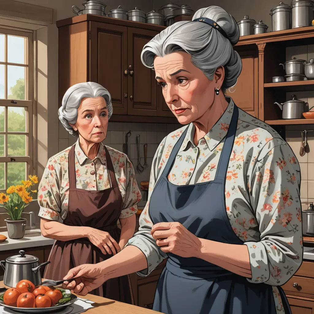 a painting of two women in a kitchen cooking food on a plate and a pot of tomatoes on the counter, american scene painting, a storybook illustration, Dorothy Lockwood, highly detailed digital painting