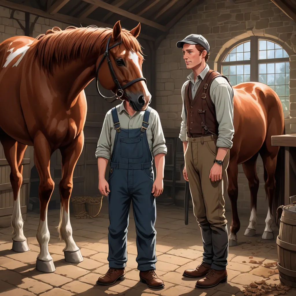 a man standing next to a horse in a stable with another man standing next to him and a horse, american scene painting, a fine art painting, Brothers Hildebrandt, professional digital painting