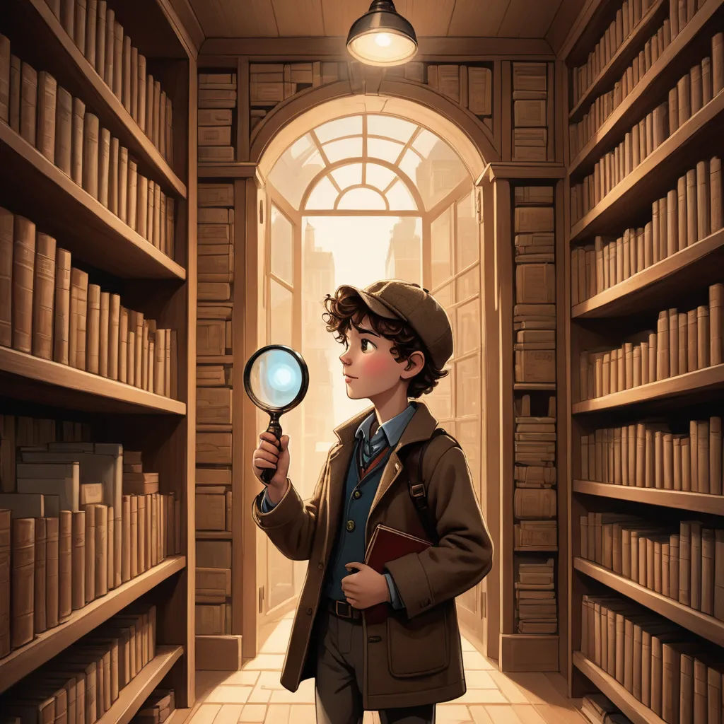 a boy in a library holding a magnifying glass in front of a book shelf filled with books, fantasy art, a storybook illustration, Diego Gisbert Llorens, storybook illustration