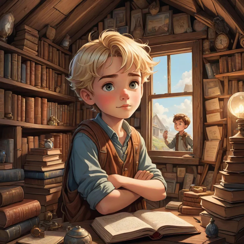 a boy is standing in front of a book shelf with books on it and a lamp in the corner, fantasy art, a storybook illustration, Diego Gisbert Llorens, rossdraws global illumination