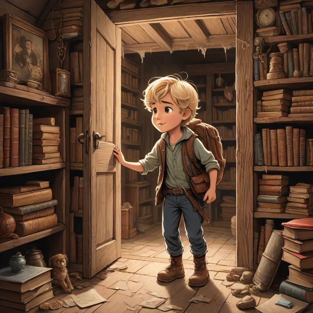 a boy standing in a library with a book case full of books and a teddy bear sitting on the floor, fantasy art, a storybook illustration, Chris LaBrooy, storybook illustration