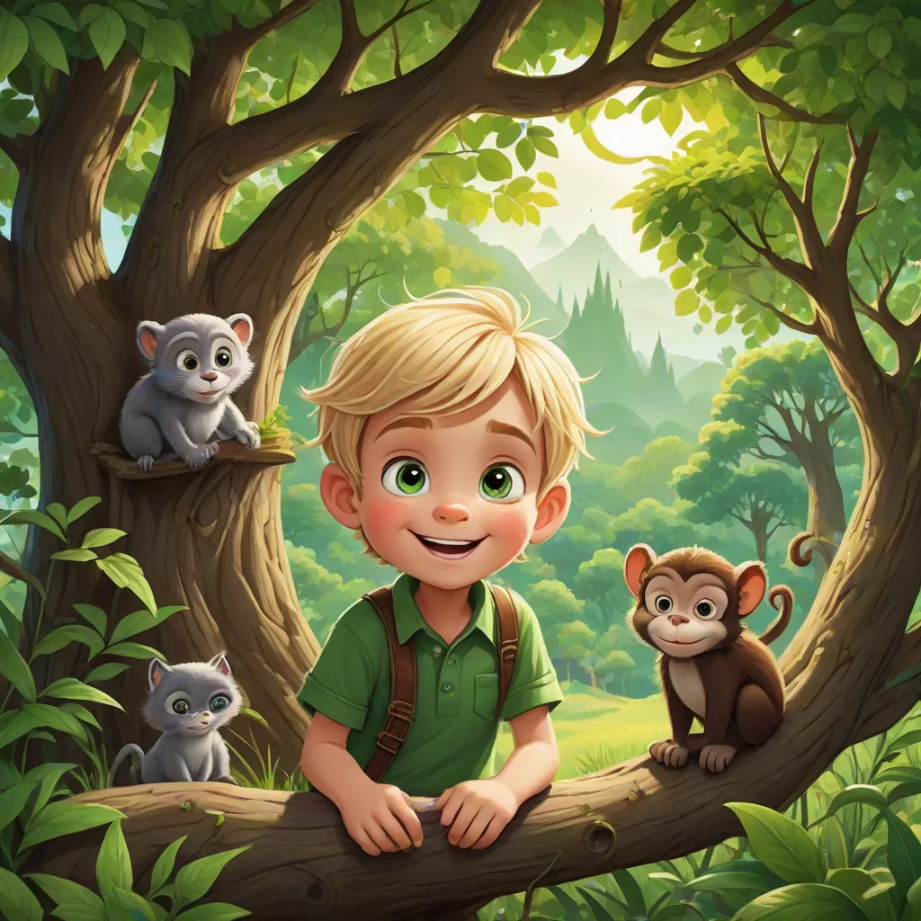 a boy sitting on a tree branch with a monkey and a monkey cub in the background, and a forest with trees and bushes, sots art, a storybook illustration, Diego Gisbert Llorens, storybook illustration