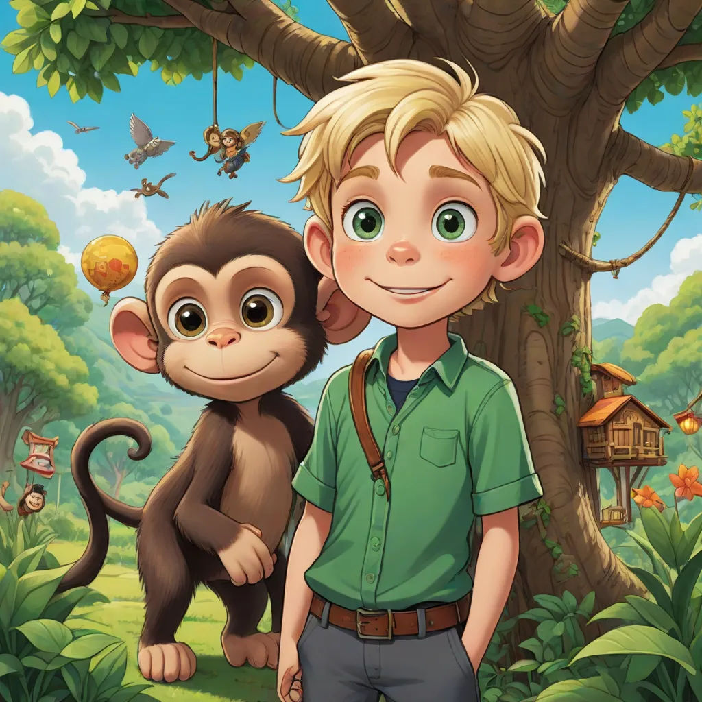 a boy standing next to a monkey in a forest with a tree house in the background and a bird flying above, furry art, a storybook illustration, Cliff Childs, promotional image