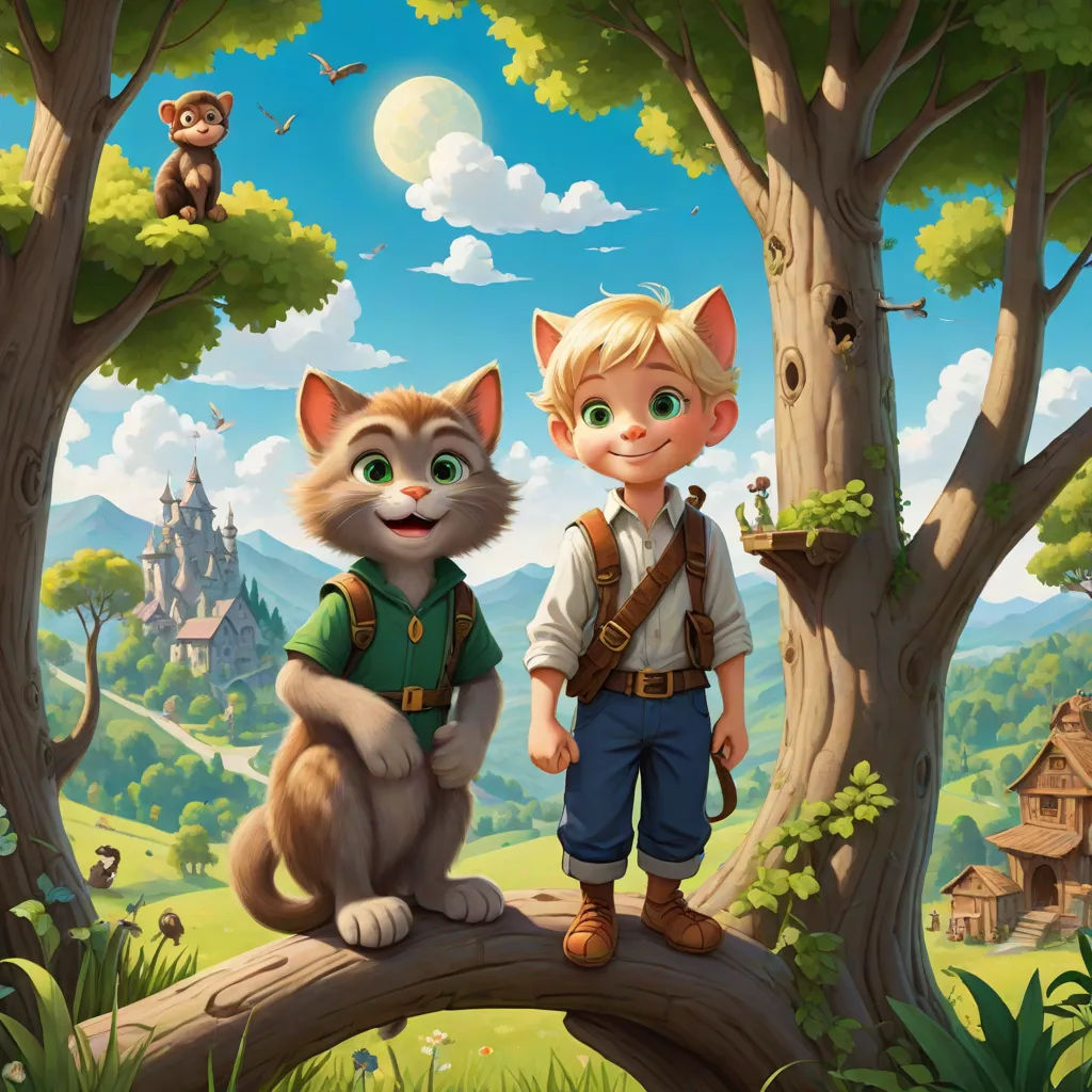 a boy and a cat are standing on a tree branch in a forest with a castle in the background, furry art, a storybook illustration, Chris LaBrooy, promotional image