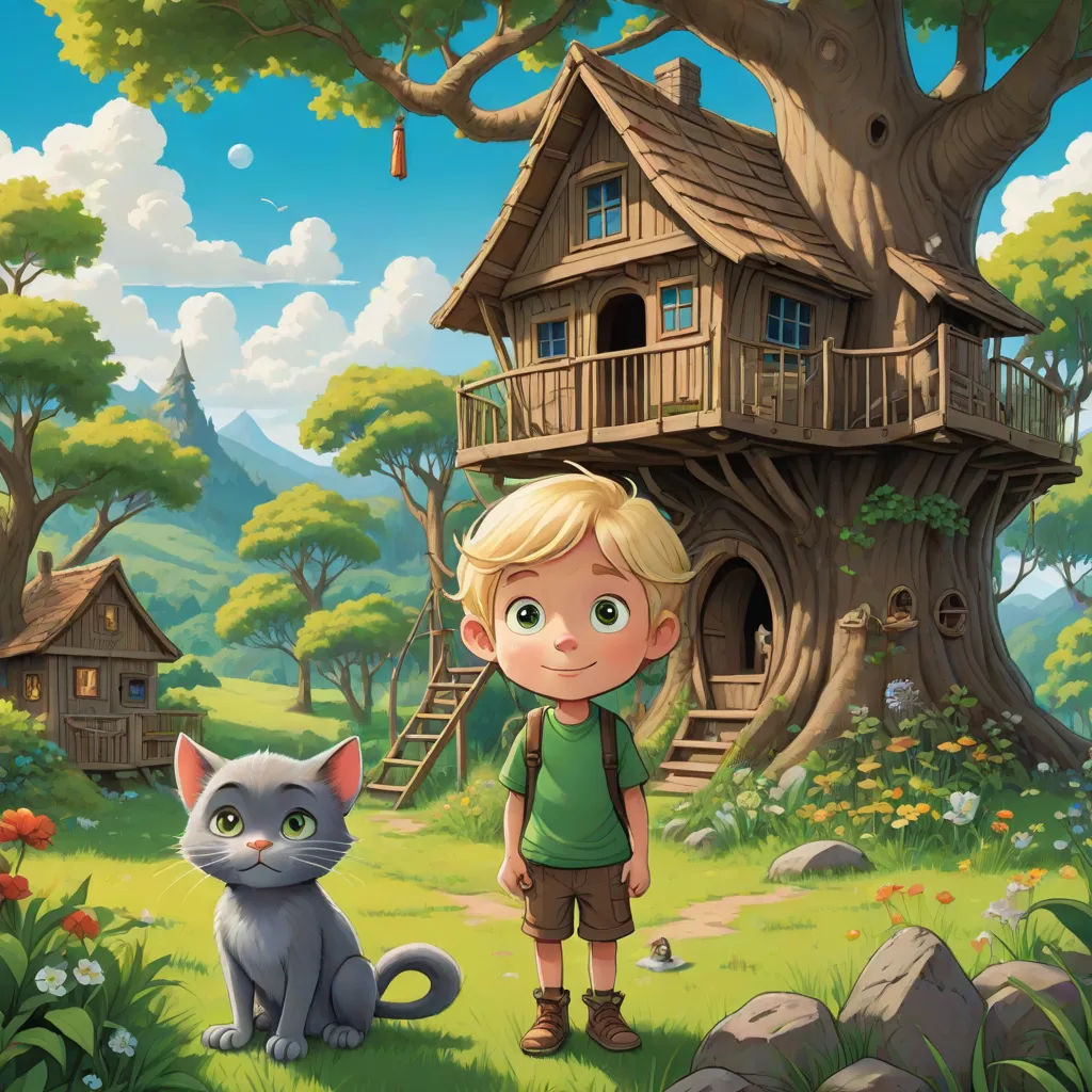 a boy standing in front of a tree house with a cat nearby in a cartoon style illustration by matte parker, fantasy art, a storybook illustration, Diego Gisbert Llorens, storybook illustration