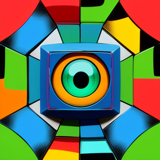 a colorful abstract painting with a square object in the center of it's image, with a large eye in the center