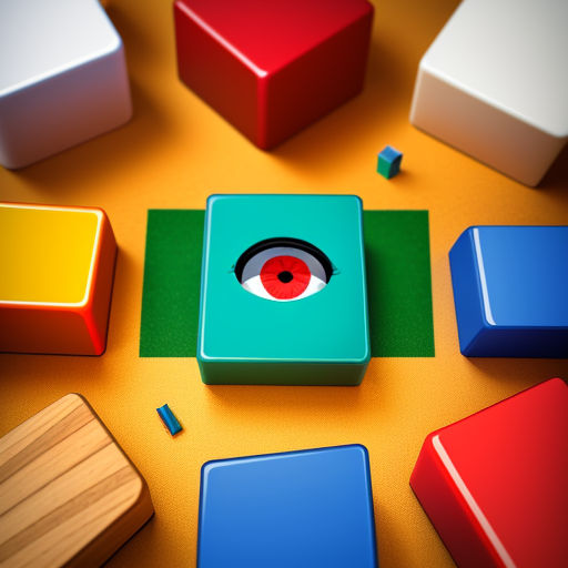 a group of colorful blocks with a red eye in the center of them and a green square with a red eye in the center